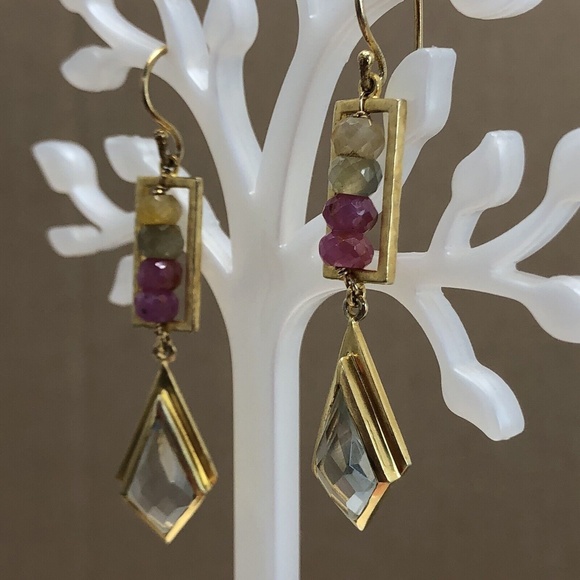 SATYA Sterling Silver Vermeil Gold Tone Agate Dangle Drop Hook Pierced Earrings - Picture 8 of 11